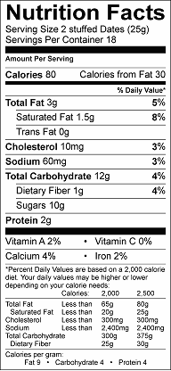 stuffed dates nutrition label