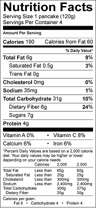 banana buckwheat chia pancakes nutrition label