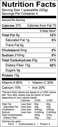 corn, black bean sweet potato quesadilla nutrition label