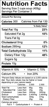 microwave black bean soup nutrition label