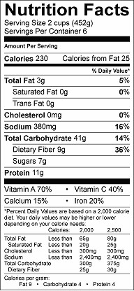 Nutrition label butternut squash bean kale soup