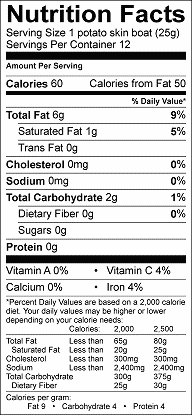 Potato skin boats nutrition label