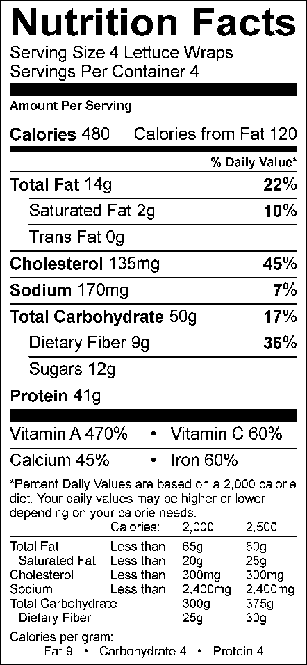 spicy walleye lettuce wraps nutrition label