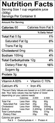 vegetable juice nutrition label