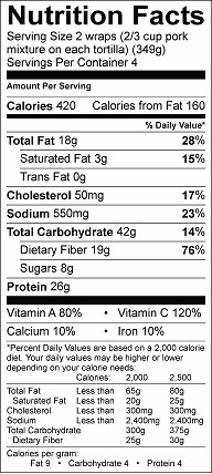 Vegetable medley pork wraps nutrition label