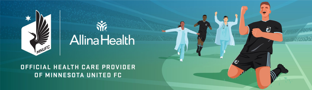 Illustration of soccer players and providers saying Allina Health is the official health care provider of MN United FC