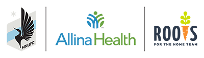 a logo lockup with the MNUFC Loons logo, the Allina Health logo and the Roots for the Home Team logo