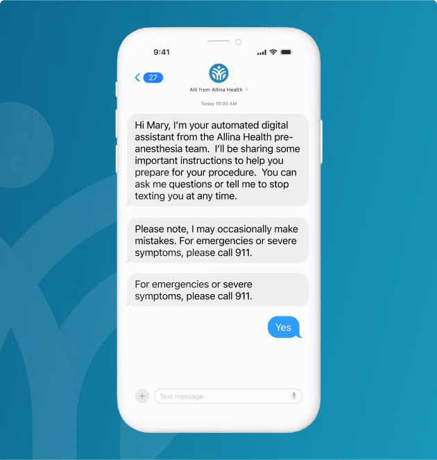 Smart phone showing a text conversation between patient and Alli.