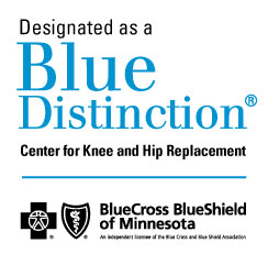 Logo from Blue Cross Blue Shield designating facility as a Blue Distinction Center for knee and hip replacement