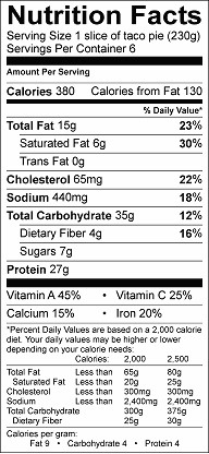 layered taco pie nutrition label
