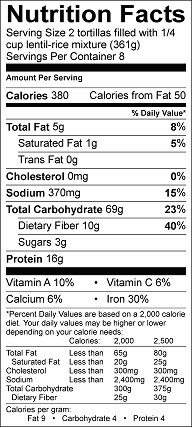 lentil and wild rice tacos nutrition label