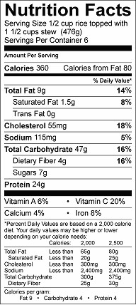 rice and chicken stew nutrition label