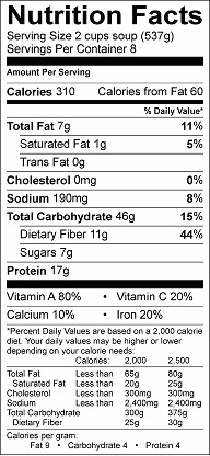 quinoa bean and vegetable soup nutrition label