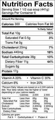 southwest bean soup nutrition label