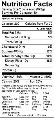 three bean minestrone nutrition label
