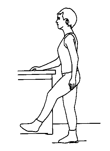 1. Stand, holding on to a secure object. Lift one of your legs forward off the ground.