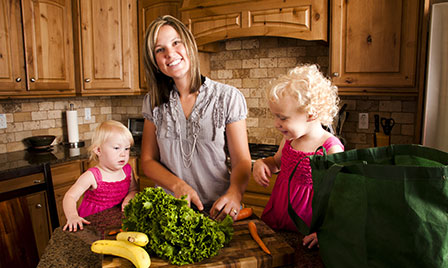 Mom and kids in kitchen