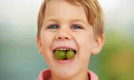 Fortunate foods grapes in child mouth