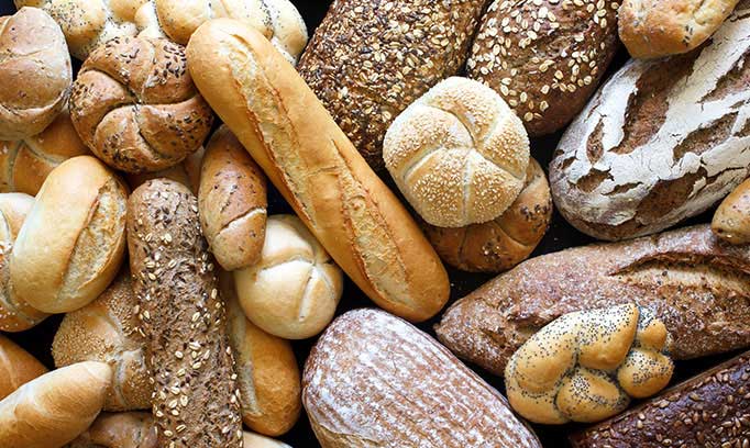 Bread loaves and rolls of different shapes, colors and sizes