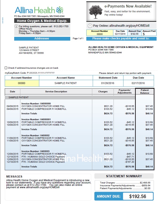 Pay your Allina Home Oxygen & Medical Equipment (HOME) bill