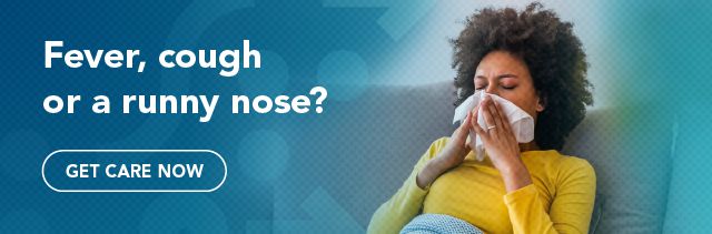 Woman blowing her nose. Fever, cough or a runny nose? Get care now.