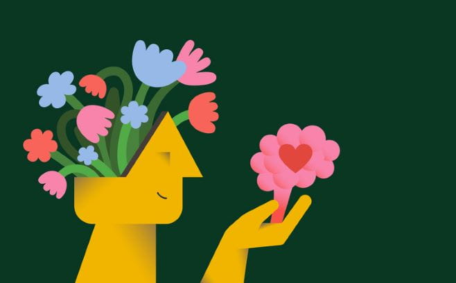 Illustration of a yellow human figure with an open head filled with colorful flowers, holding a brain with a heart on it on a dark green background