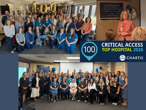 collage of both hospital teams plus Allina Health CEO speaking to a group