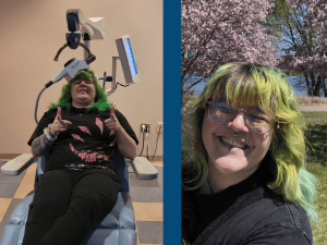 Two photos of patient: (Left) Chris in the TMS treatment chair and (Right) Chris outside in a park enjoying the spring weather.