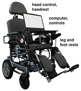 Wheelchair showing head control, headrest, computer controls, leg and foot rests
