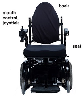 Wheelchair showing back, seat, mouth control, and joystick