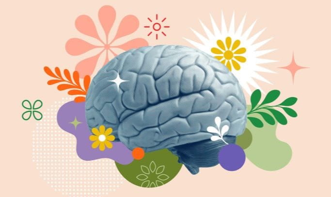 Image of a brain with cartoon flowers, stars, leaves, and geometric shapes surrounding it. 