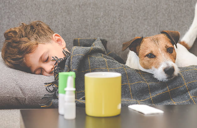 Boy sleeping on the couch staying home from school because he's sick