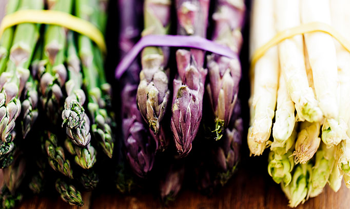 asparagus bunches, green, purple and white, tips facing out
