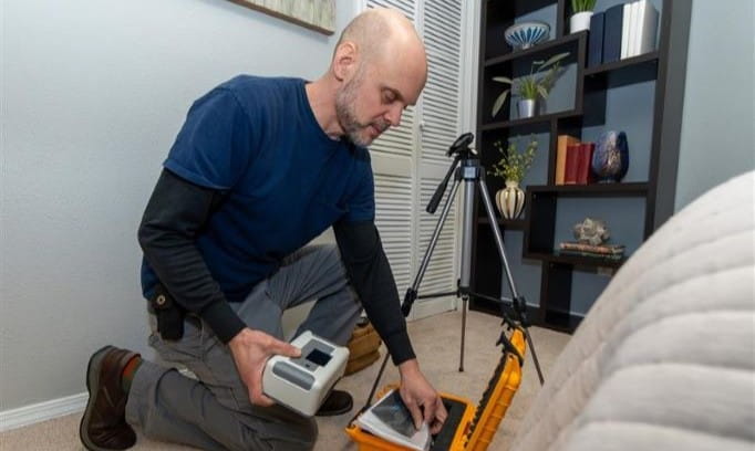 kneeling man setting up a radon testing kit in a basement bedroom