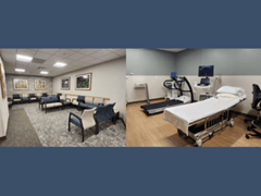 Side-by-side photos of waiting room and exam room in new Waconia heart clinic